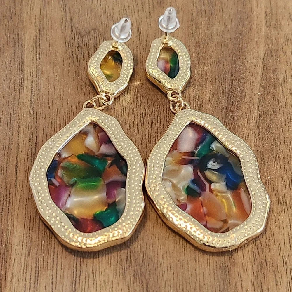Multicolor Resin Mosaic Gold Tone Organic Shape Drop Dangle Earrings Statement